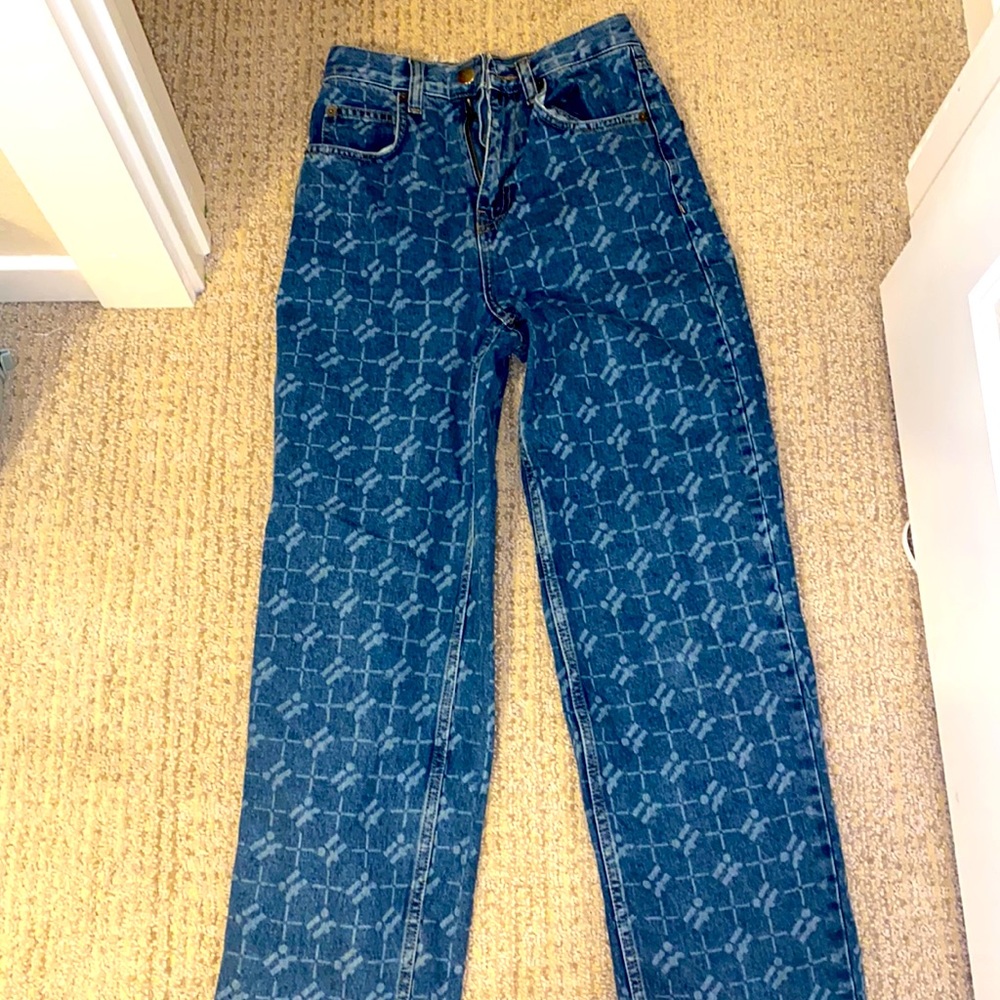 graphic printed blue jeans